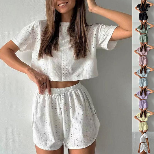2pcs Casual Hollow Suit With Short-sleeved Crop Top And Elastic Slit Shorts Summer Fashion Sport Clothing For Women | Luxury Home Accessories | Heulog Glow