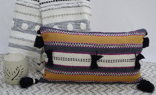 Handwoven 14"X 24" Throw Pillow with Pom-Poms