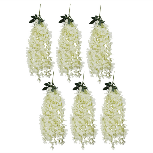 Pack of 6 x Hanging Wisteria Flowers in White 80cm