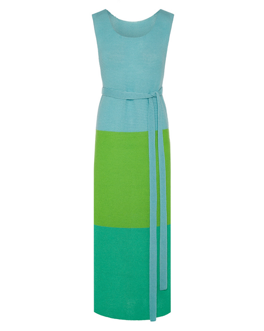 Colour Block Belted Slit Dress Green & Blue