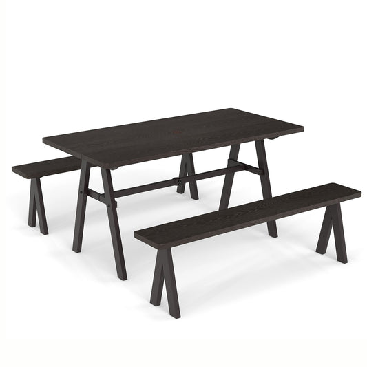 3 Pieces Outdoor Picnic Table and Benches Set for 6 People with 49MM Umbrella Hole-Dark Brown