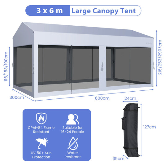 3 x 6 m Pop-Up Canopy UV Screen House Party Tent with Removable Sidewalls-White