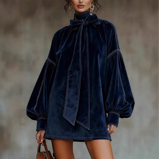 Simple Relaxed Fit Short Dress With Long Sleeves And A Bow