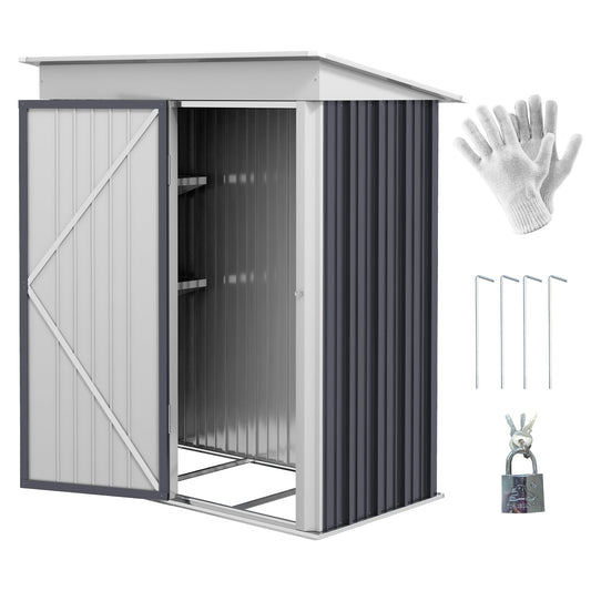 Outsunny Metal Garden Shed, Outdoor Lean-to Shed for Tool Motor Bike, with Adjustable Shelf, Lock, Gloves, 5'x3'x6', Dark Grey