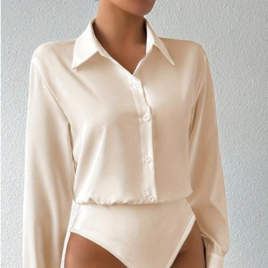 New Button Front Long Sleeve Jumpsuit Elegant Solid Color