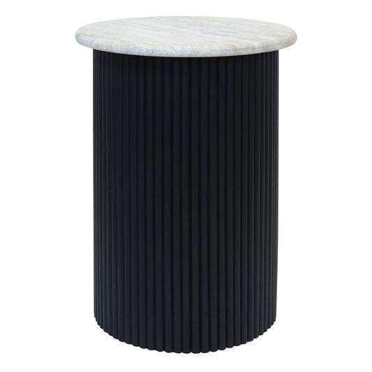 Walton Travertine Top Side Table with Black Acacia Wood Base