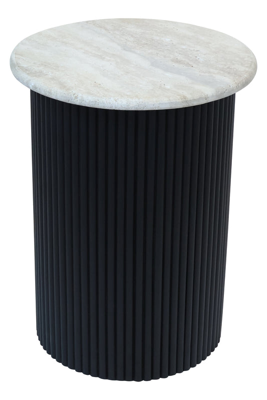 Walton Travertine Top Side Table with Black Acacia Wood Base