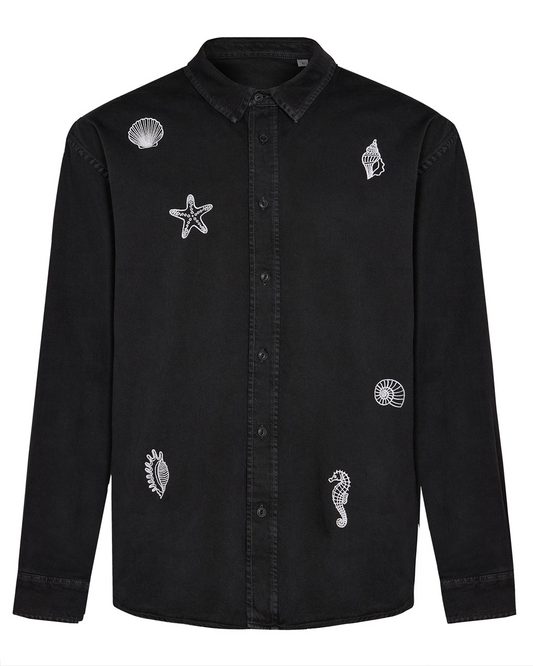 Shell Embroidered Organic Cotton Shirt Black