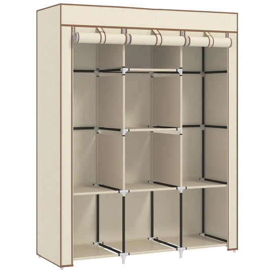 HOMCOM Fabric Wardrobe, Portable Wardrobe, Clothes Storage Unit with 8 Shelves, 2 Hanging Rods, 125 x 43 x 162.5 cm, Cream White