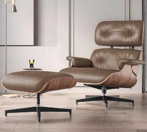 EAMES REPLICA BROWN LEATHER CHAIR & STOOL
