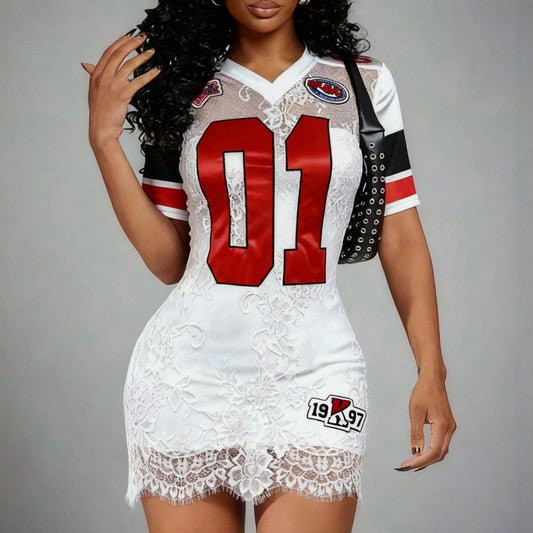 Women's Fashionable And Sexy Lace Embroidered Letter Short-Sleeve Dress