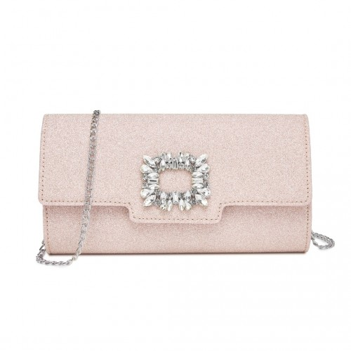 CLM2461 - Miss Lulu Glitter Evening Clutch with Crystal Embellishment & Detachable Chain Strap - Elegant Crossbody or Handheld Bag - Pink