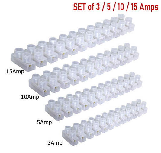 Chocolate Terminal Block Connector Strip Bundle - 3, 5, 10, 15 Amp (4 Strips)