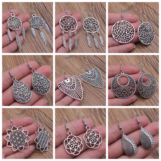 Carved Pattern Flower Of Life Dreamcatcher Dangle Drop Earing Bohemian