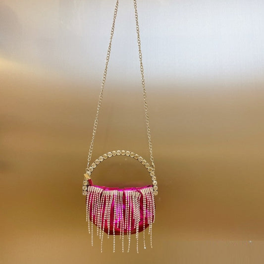 Rhinestone Tassel Pleated Mini Shoulder Messenger Bag