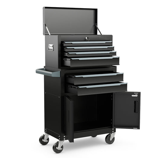 6-Drawer Rolling Tool Chest 2-in-1 with Universal Wheels and Hooks-Black-S