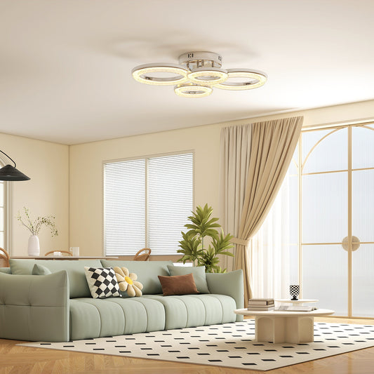 HOMCOM LED Ceiling Light, Modern Dimmable 4 Rings Ceiling Lamp with Wall Switch, 40W 4350lm Flush Mount Ceiling Light with 3500K/4500K/6000K Colour Temperatures for Living Room, Bedroom, Silver Tone
