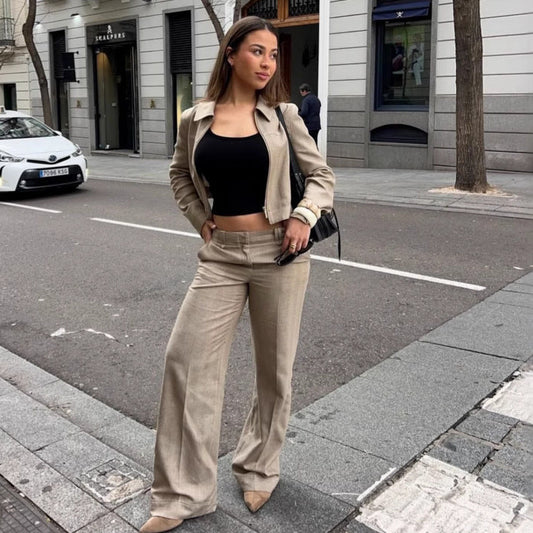 Summer New Casual Herringbone Pattern Long Sleeve Coat Straight-leg Pants Suit