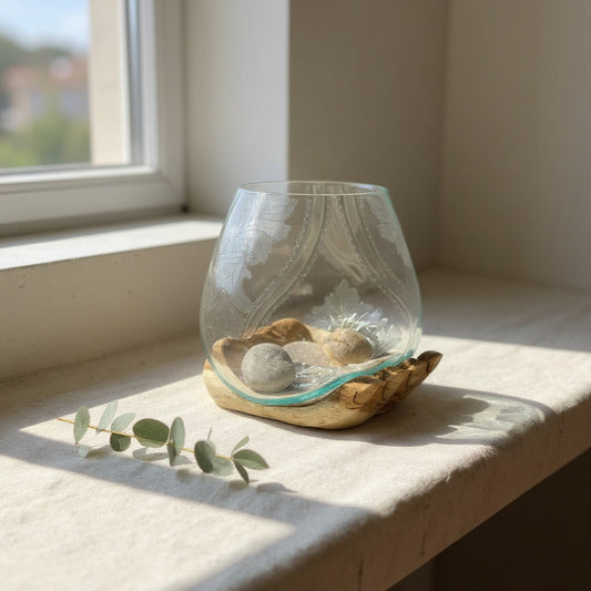 25CM TEAK ROOT HAND WITH GLASS BOWL