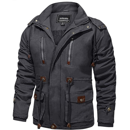 Mens Military Tactical Fleece Jacket Hooded Cotton Warm, Grey, Size L