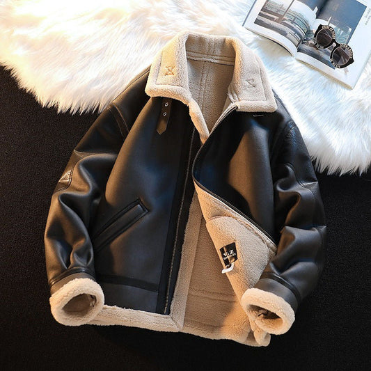 Men's Winter Fleece-Lined Thickened Kamela PU Leather Lamb Wool Integrated Cotton Jacket