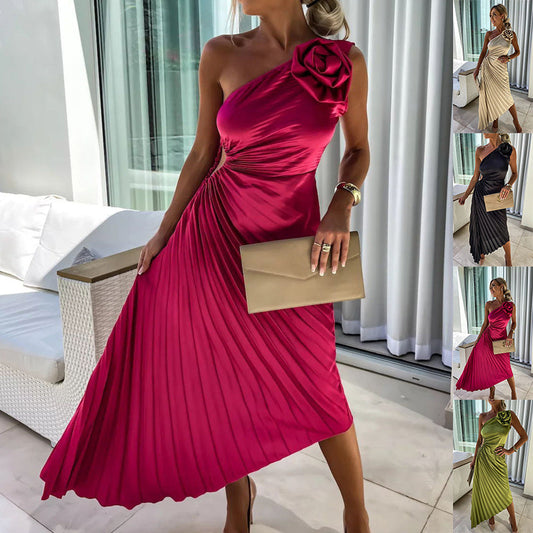 Ins Pleated One-shoulder Dress With Big Rose Flower Fashionable Sexy Evening Party Club Asymmetrical Dress