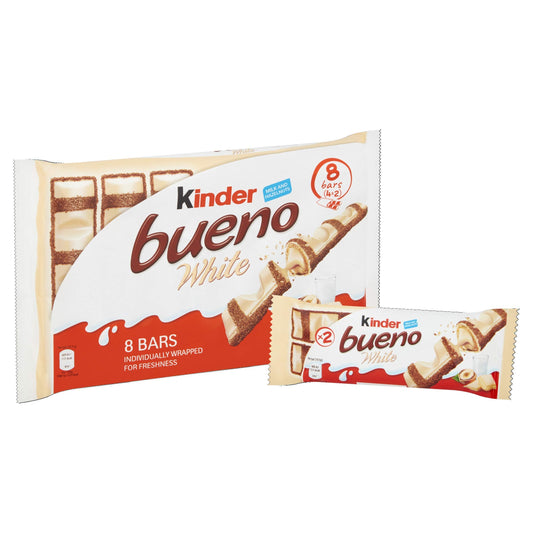 Kinder Bueno White Wafer Twin Bars, Chocolate Gift Pack, Milk Chocolate Covered Wafer with Smooth Milky and Hazelnut Filling, Pack of 4 x 2 (8pcs)