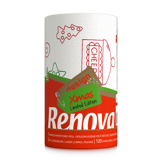 Renova Festive Christmas Kitchen Roll 1 Roll Per Pack XXL Durable Holiday Paper Towels Decorative Designs 120 Sheets