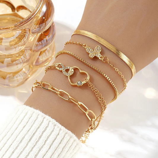 5Pcs Vintage Metal Flat Snake Chain Box Chain Bracelet Set Women's