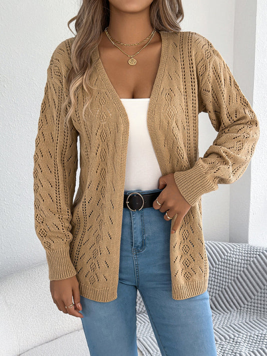 Women Casual Hollow Out Lantern Sleeve Long Sleeve Cardigan Sweater Coat