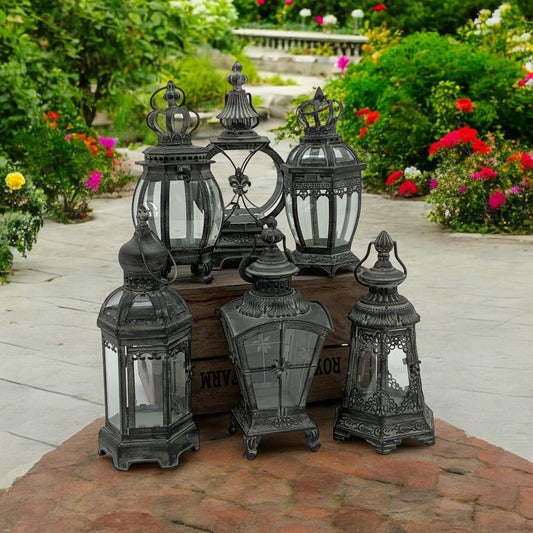 40CM 6 ASSORTED GREY METAL GARDEN LANTERNS