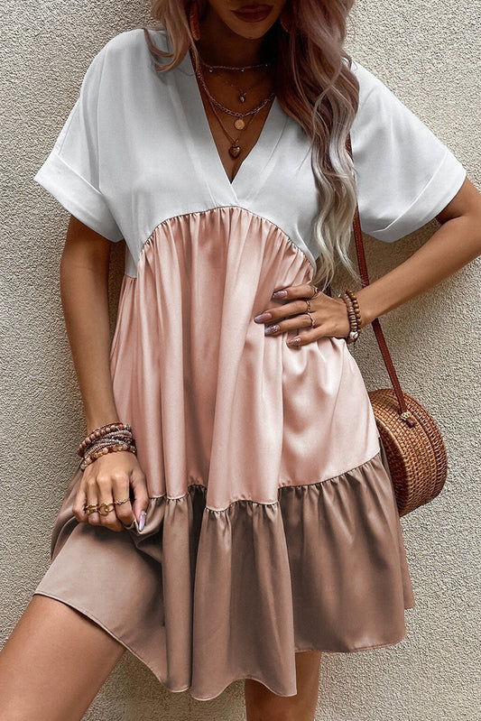 Light French Beige Triple Colors V Neck Folded Cuffs Tiered Loose Dress