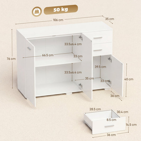 HOMCOM Sideboard, Modern Storage Cabinet with 2 Drawers, 3 Doors and Adjustable Shelves, White