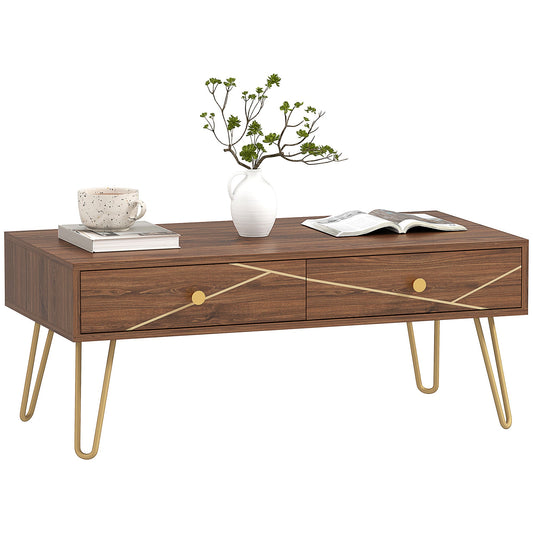 HOMCOM Coffee Table with Drawers, Living Room Table with Steel Base