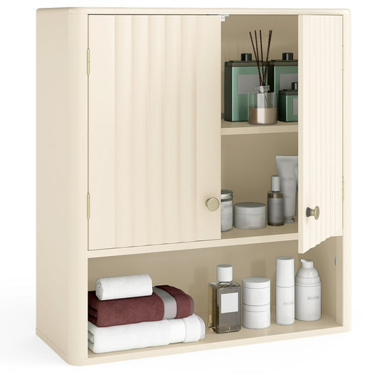 Fluted Bathroom Wall Cabinet Modern Double Door Medicine Cabinet-Beige