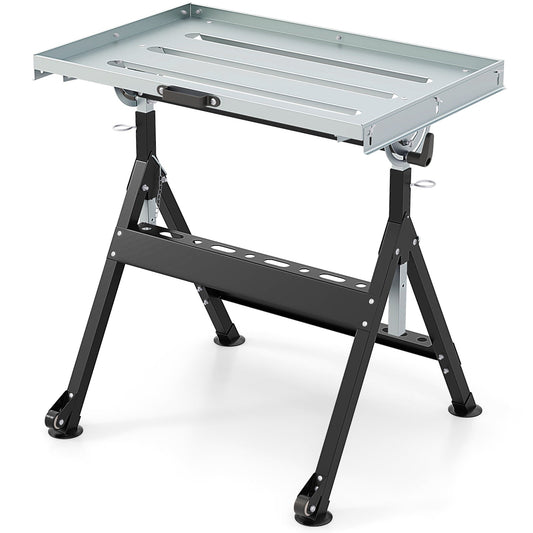 Folding Welding Table with 76 x 51 cm Tabletop and 2 Fixed Wheels-Black