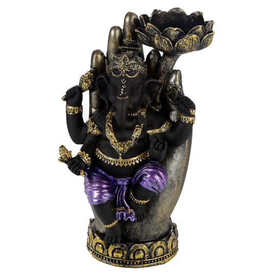 Tea Light Candle Holder - Purple, Gold & Black Ganesh in Hand Lotus