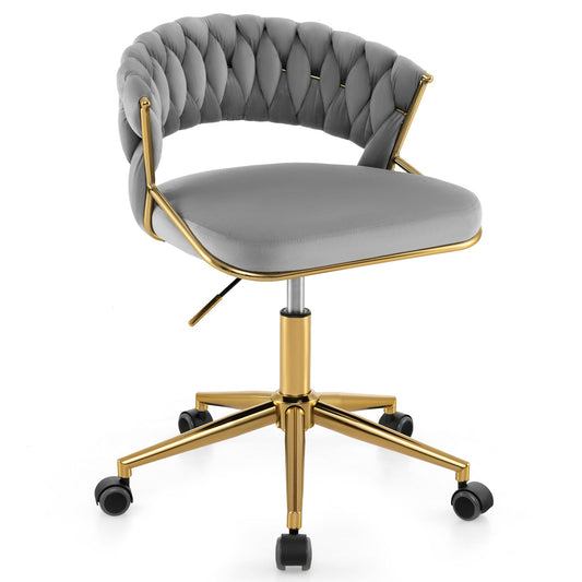 Home Office Desk Chair with Hand-woven Back and Golden Metal Legs-Grey