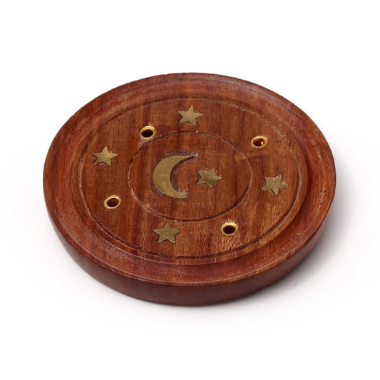 Sheesham Wood Round Ashcatcher Incence Burner with Moon & Stars Inlay