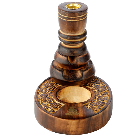 Carved Mango Wood Backflow Incense Burner - Flower Garden Buddha