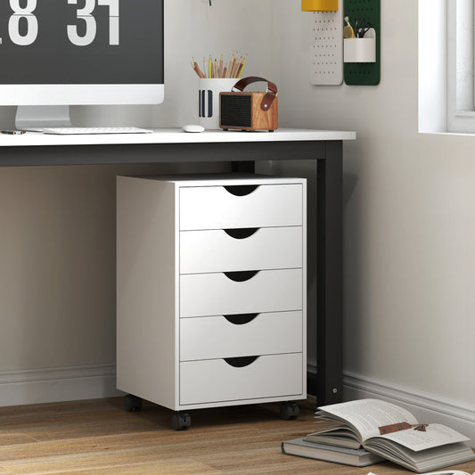 HOMCOM 5 Drawer Mobile Filing Cabinet, Vertical File Cabinet, Modern Rolling Office Storage Organizer Cupboard, White