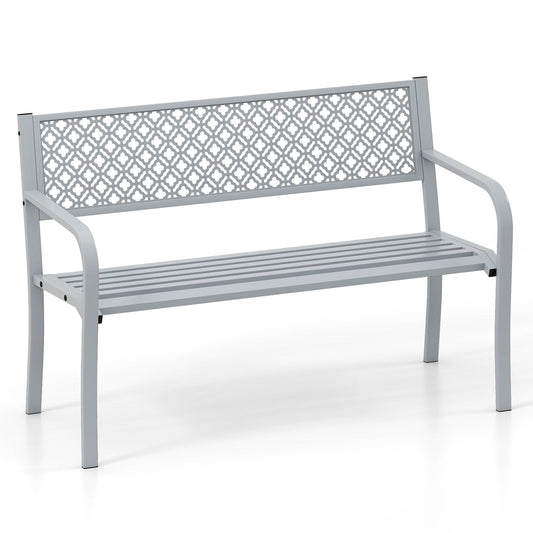 Metal Outdoor Garden Patio Bench with Geometric Lattice Backrest-Grey