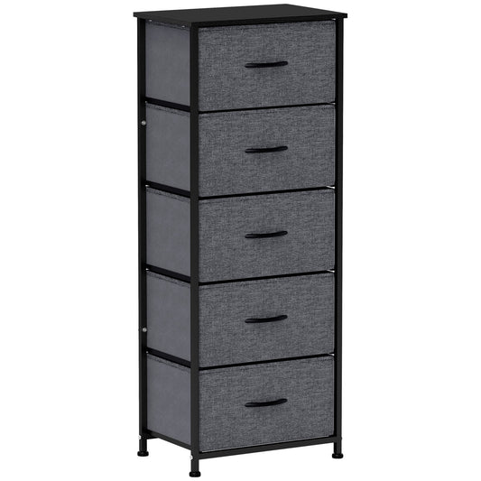 HOMCOM Fabric Chest of Drawers, Storage Drawers, Industrial Bedroom Dresser with 5 Fabric Drawers, Steel Frame and Wooden Top for Nursery, Living Room, Hallway, Dark Grey