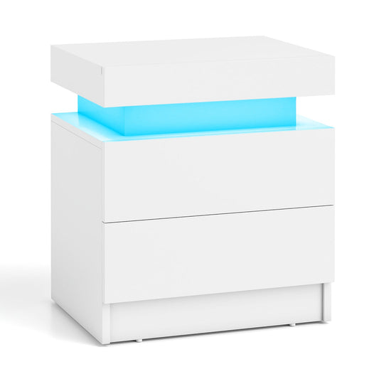 Faux Marble Modern Nightstand with 2 Drawers and LED Light-White