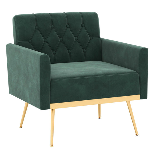 Modern Velvet Accent Chair with Button Tufted Back and Golden Metal Legs-Dark Green