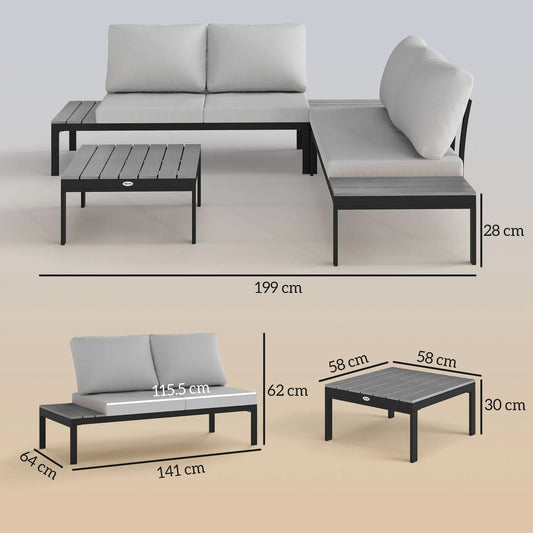 Outsunny Four-Piece Garden Corner Sofa Set with 2 Loveseats and 2 Coffee Tables - Grey
