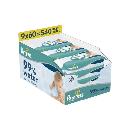 Pampers 99% Water Plastic Free Baby Wipes 9x60 pcs