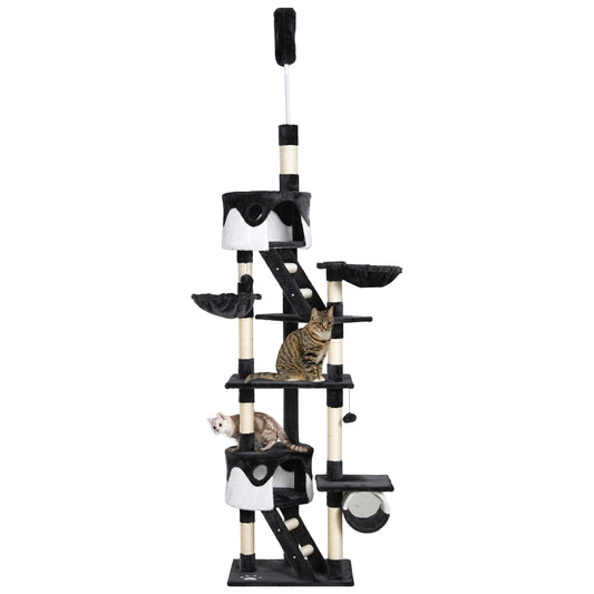 PawHut Floor-to-Ceiling Cat Tree for Indoor Cats, 240-260cm Adjustable Cat Tree - White