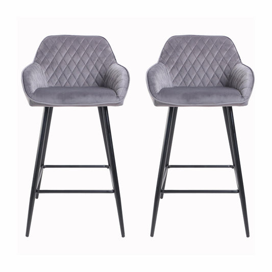 Set of Two Cadiz Dark Grey Crushed Velvet Bar Stools with Black Metal Leg