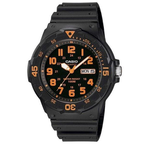 Casio Mens Day Date Orange Number & Black Rubber Strap Watch - MRW-200H-4BVDF